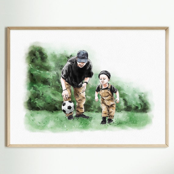 Father and Toddler Playing Soccer Together Watercolor Family Poster