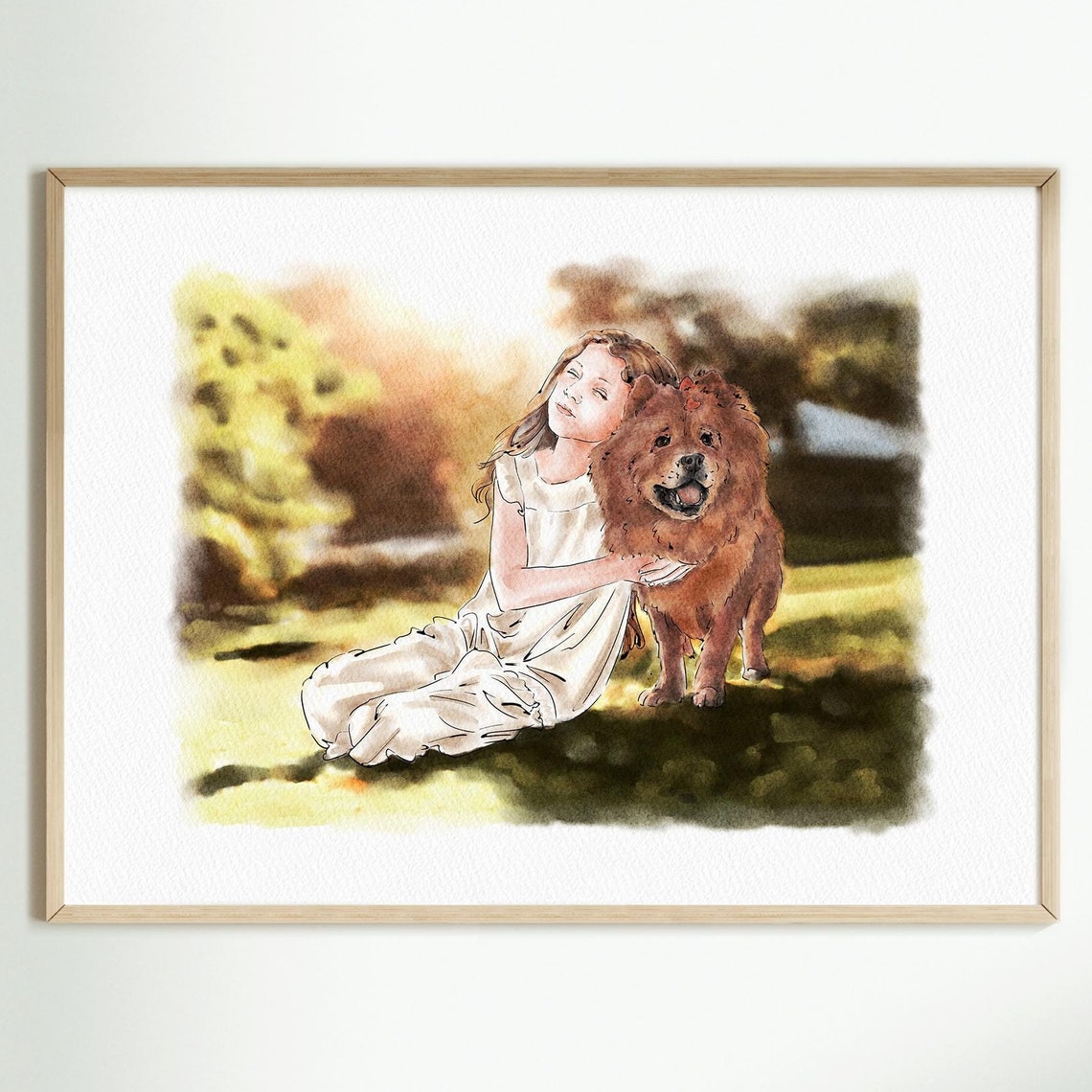 Young Girl Hugging Her Fluffy Dog at Sunset Watercolor Pet Art Poster