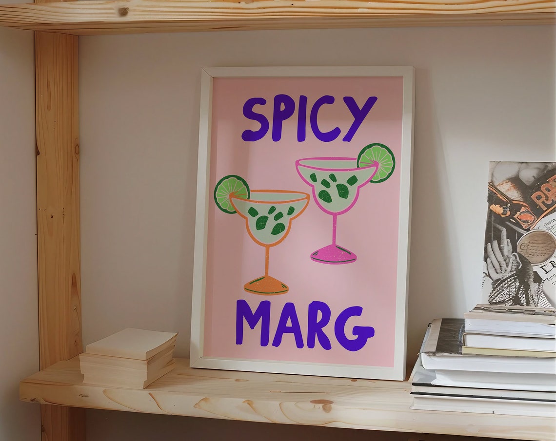 Spicy Marg Margarita Cocktail Two Glasses Pink Kitchen Bar Poster - Image 3