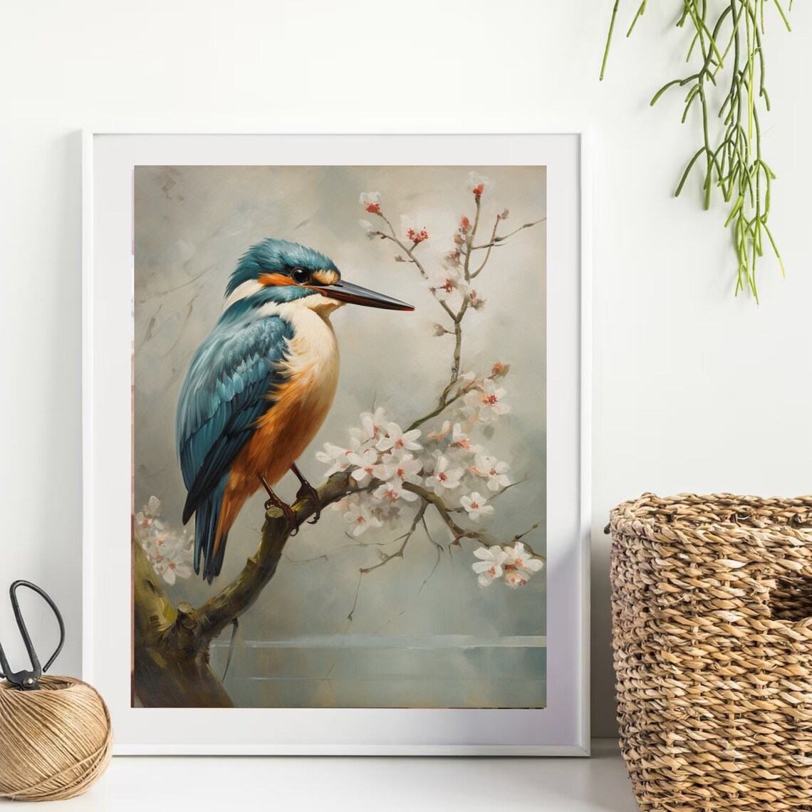 Kingfisher On Cherry Blossom Branch Vintage Bird Painting Poster - Image 6