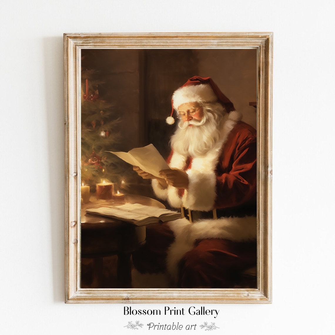 Santa Claus Reading Christmas Letter by Candlelight Vintage Oil Poster