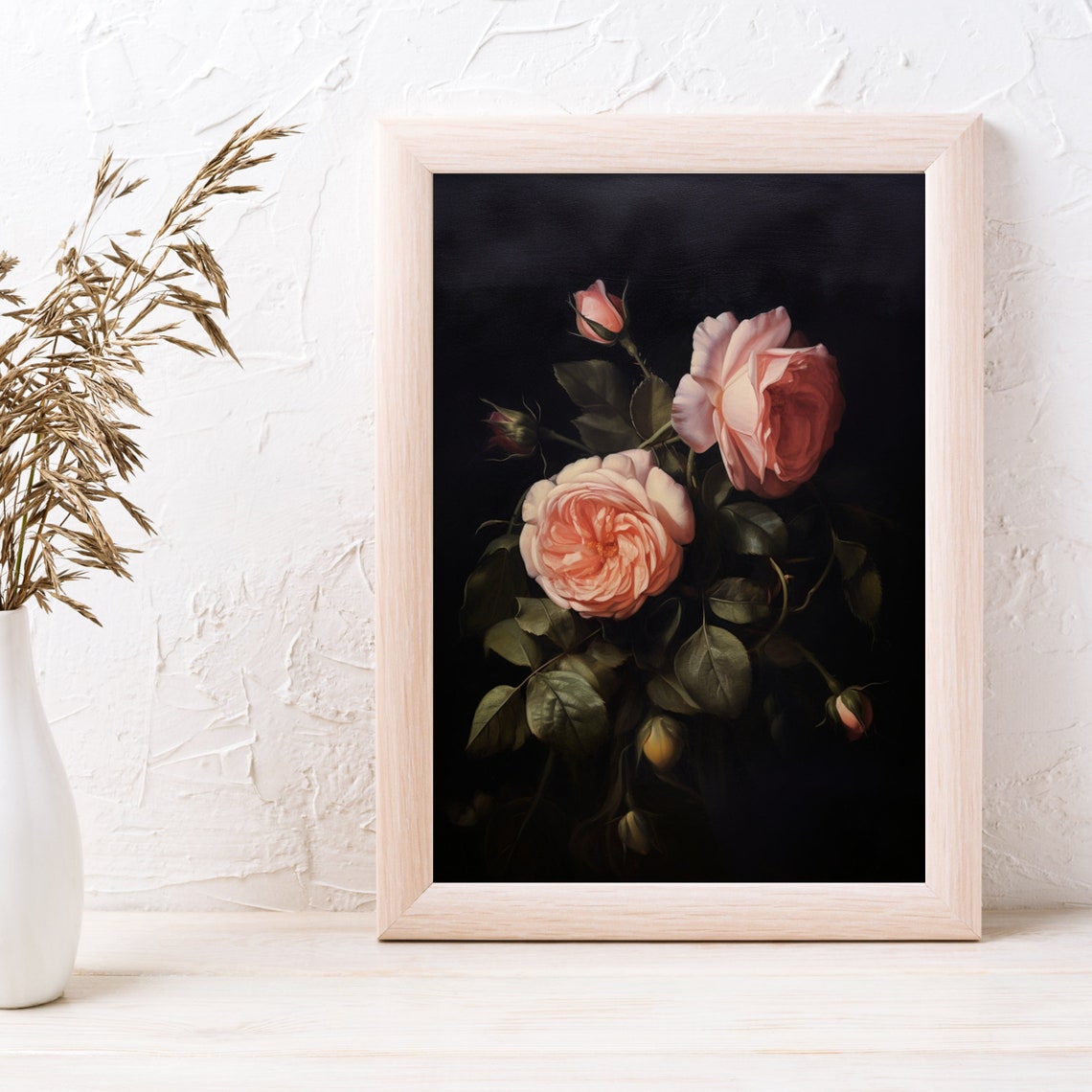 Moody Pink Roses On Black Dark Academia Floral Painting Poster - Image 3