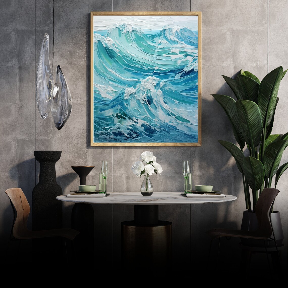 Turquoise Ocean Waves Thick Impasto Texture Coastal Seascape Art Poster - Image 4