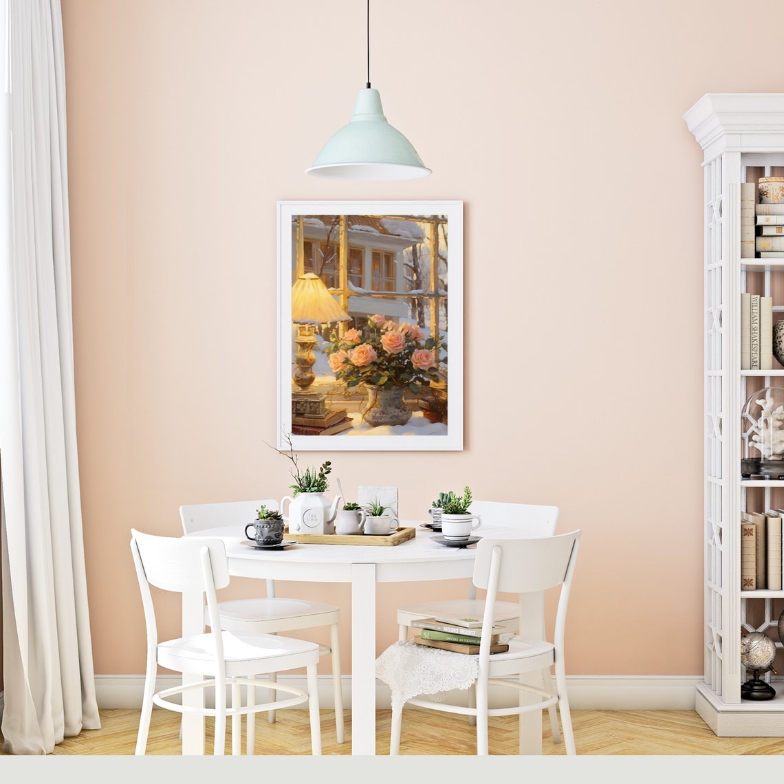 Romantic Winter Window with Lamp and Roses Still Life Painting Poster - Image 4