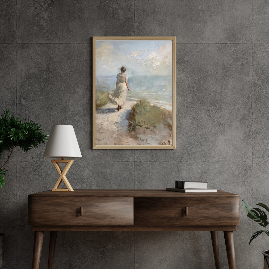 Woman In White Dress Walking To The Beach Coastal Painting Poster - Image 6
