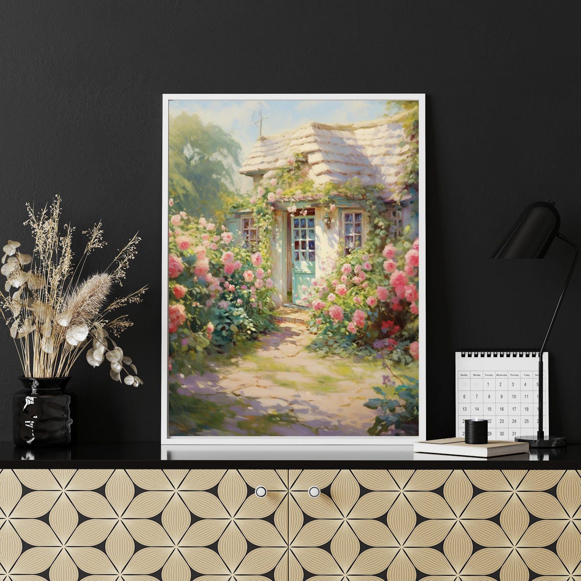 Sunlit Thatched Roof Cottage Bursting With Roses Garden Art Poster - Image 4