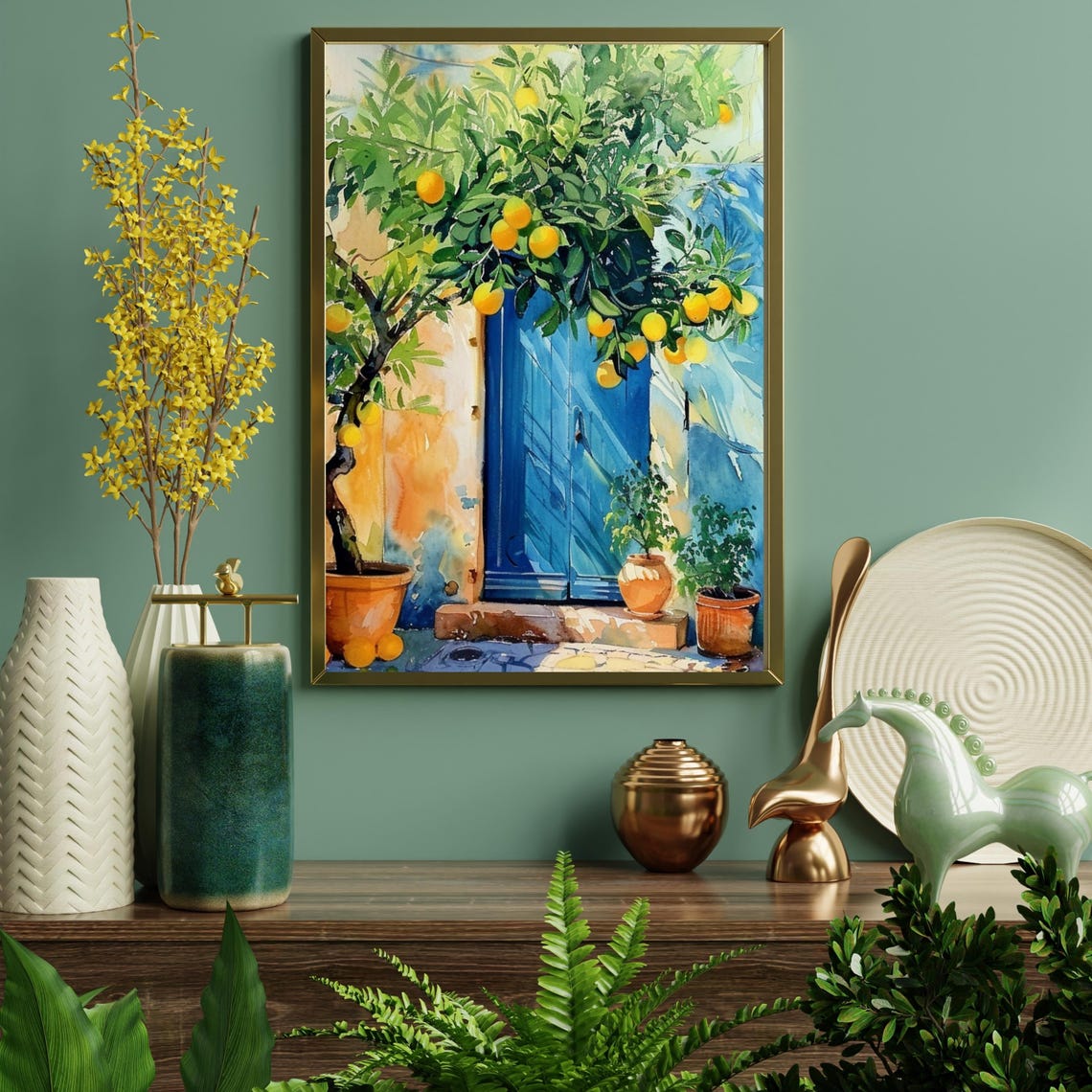 Lemon Tree Watercolor with a Bright Blue Mediterranean Door Wall Art - Image 6