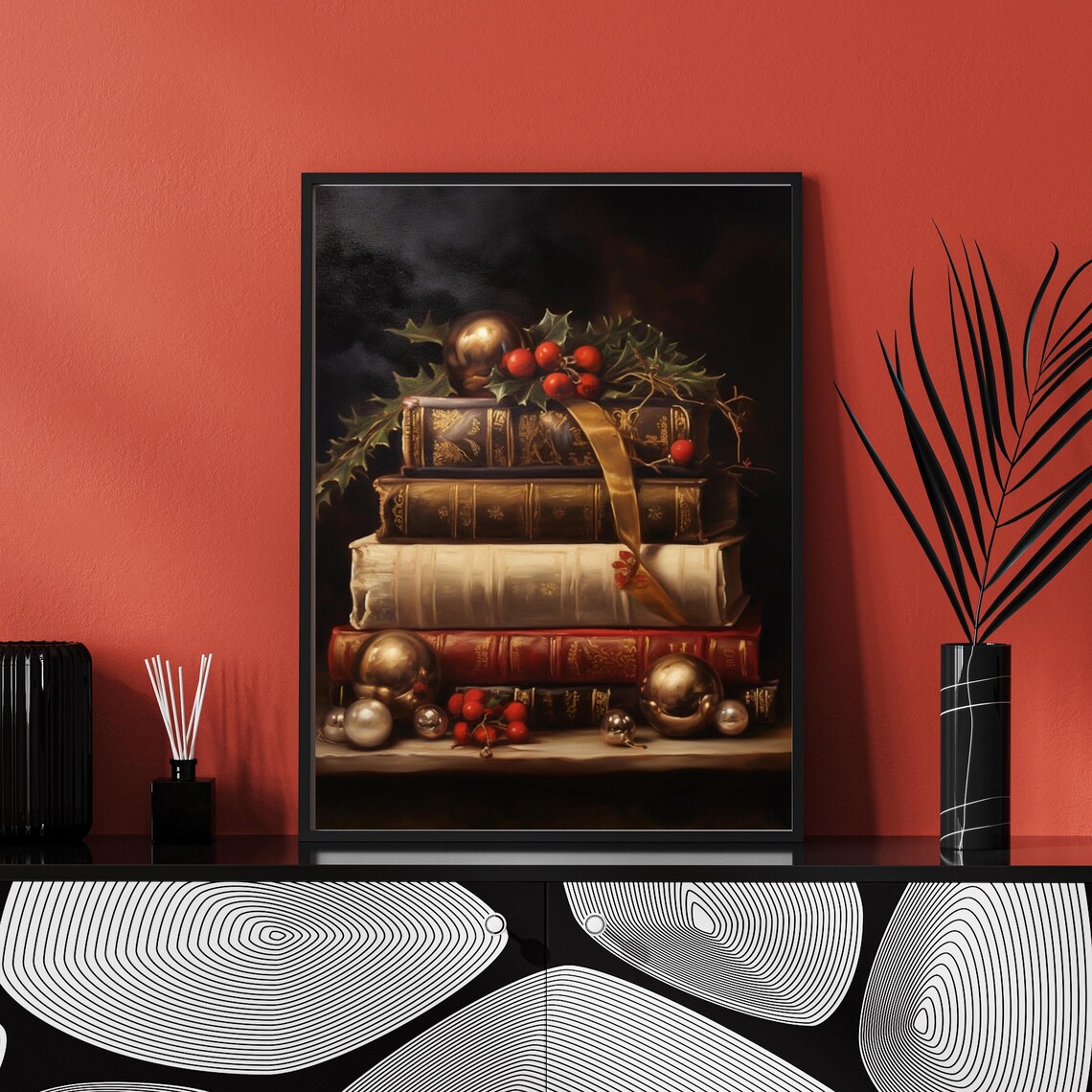 Vintage Books Christmas Ornaments Holly Dark Academia Art Poster - Image 2