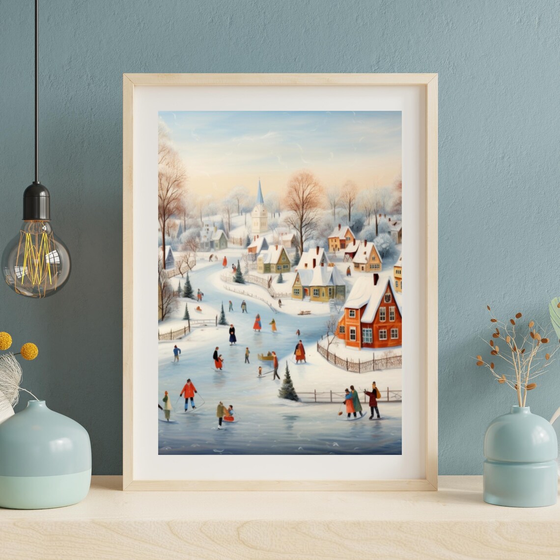 Winter Village Frozen Pond Ice Skaters Snowy Church Folk Art Poster - Image 4