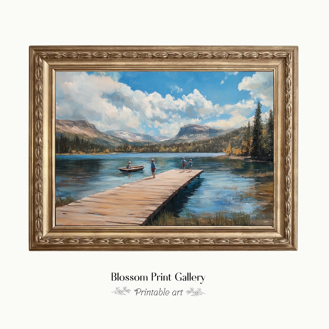Lake Landscape Moody Dock Art Print, Vintage Farmhouse Decor