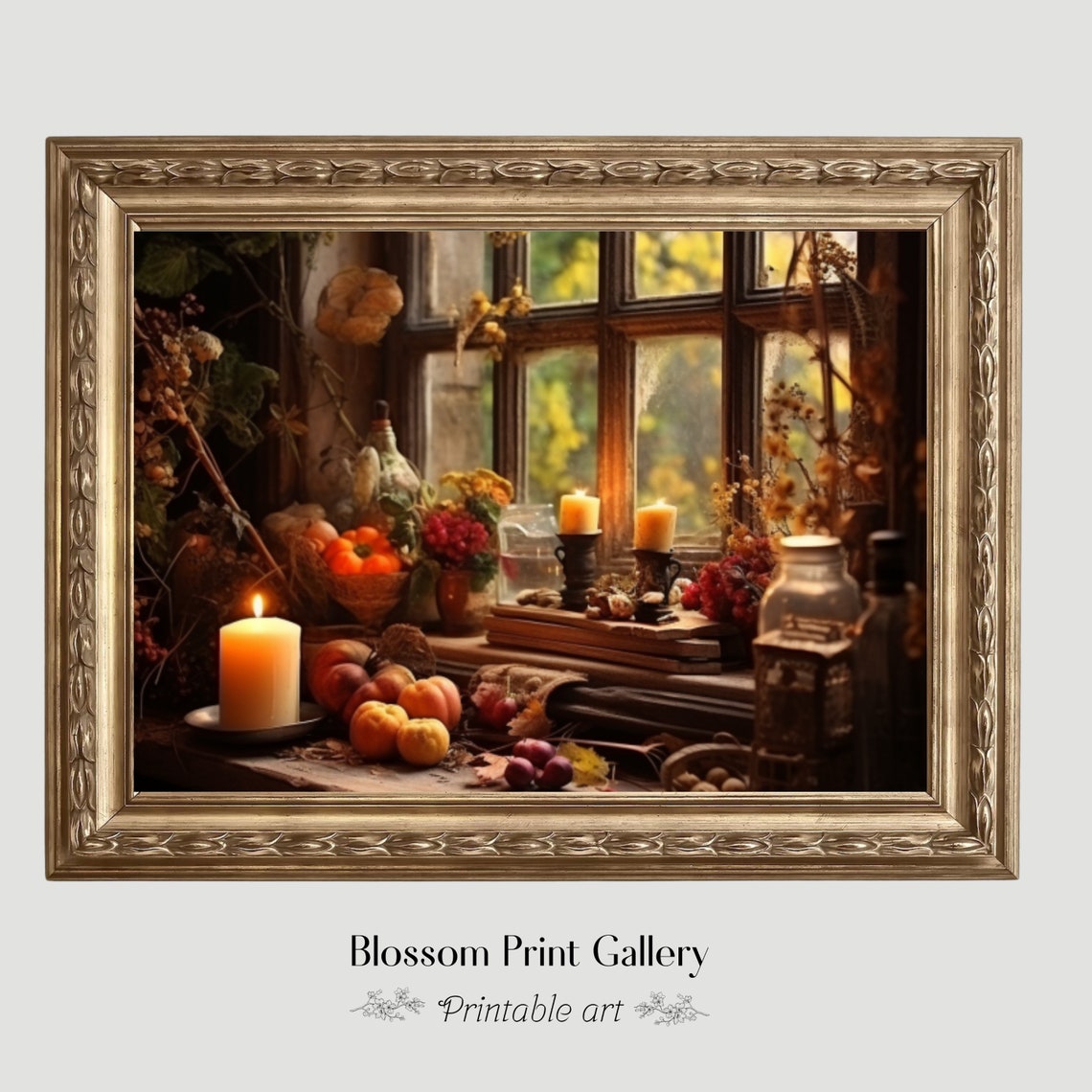 Autumn Window Still Life With Candles And Pumpkins Fall Poster