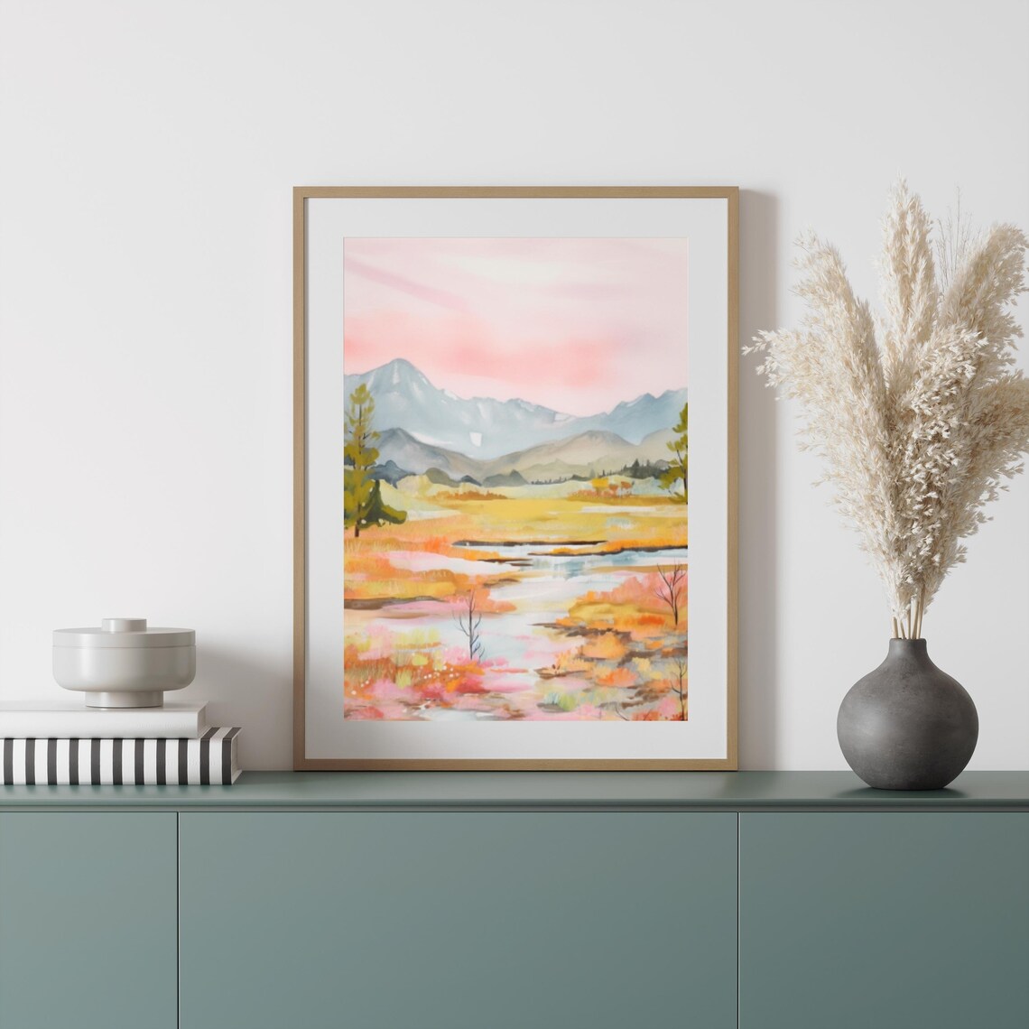 Pastel Mountain Valley with Pink Sky and Golden Meadow Landscape Poster - Image 2