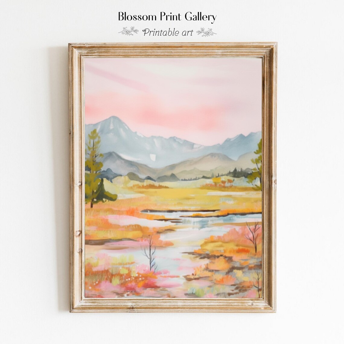 Pastel Mountain Valley with Pink Sky and Golden Meadow Landscape Poster
