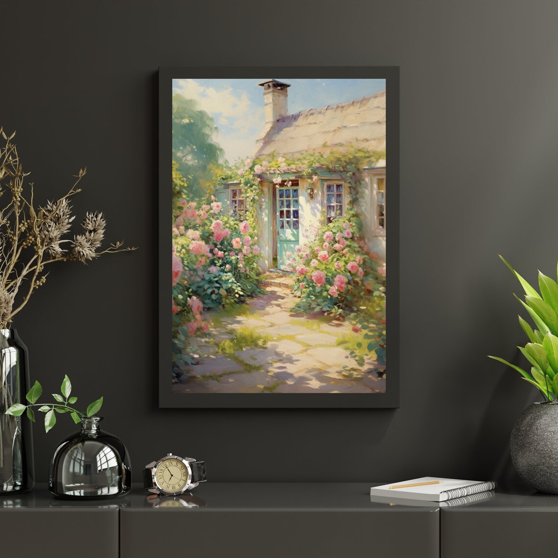 Rustic Cottage Garden Vintage Oil Painting Art Print - Image 3