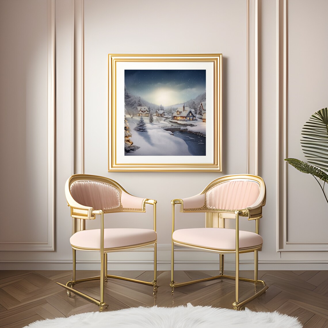 Snowy Christmas Village with Bridge at Dusk Winter Painting Poster - Image 4