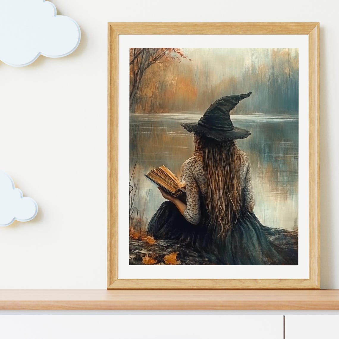Witch Reading Her Book by Misty Autumn Lake Halloween Poster - Image 3