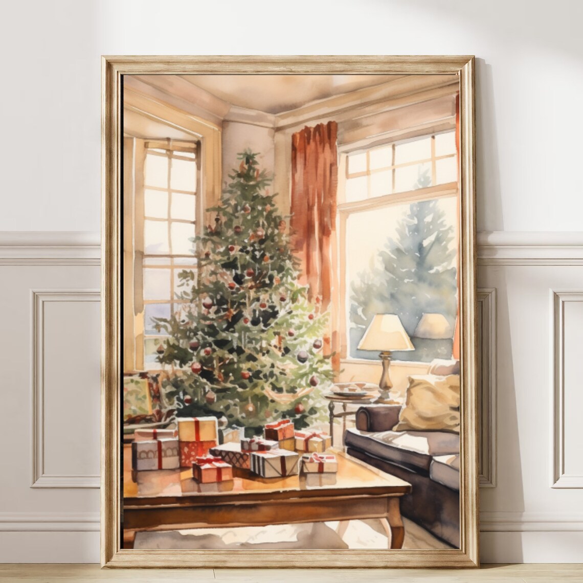 Watercolor Christmas Tree With Gifts In A Cozy Living Room Poster - Image 6