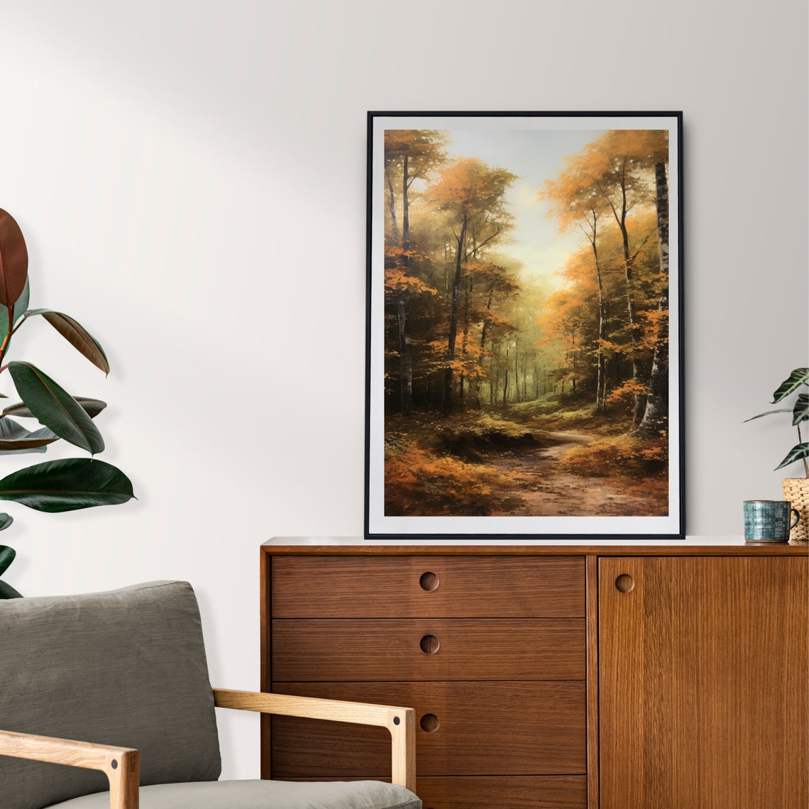 Golden Autumn Forest Path in a Moody Fall Woodland Scene Wall Art - Image 6