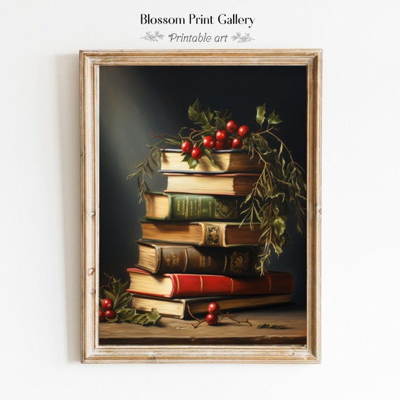 Vintage Christmas Oil Painting Christmas Decorations Print Books Wall Art Dark Academia Moody Decor Winter Holiday 289