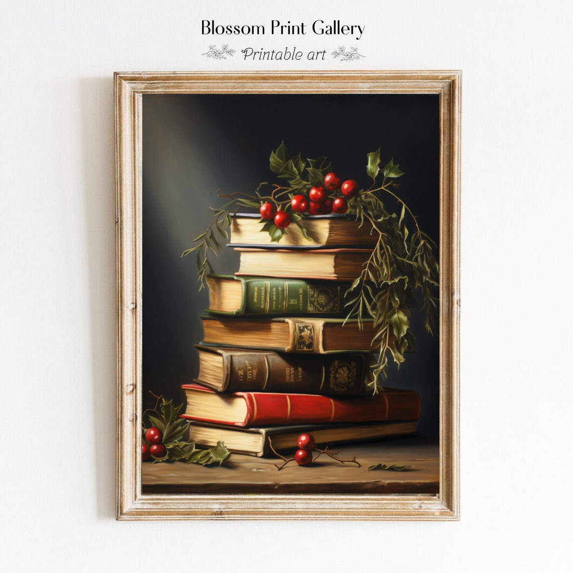 Stack Christmas Books Holly Berries Festive Library Art Poster