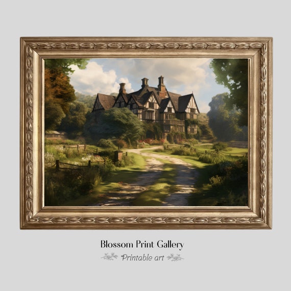 Mansion Oil Painting Vintage Moody Wall Art Living Room Decor Cottagecore Dark Academia Farmhouse Print Rustic 532
