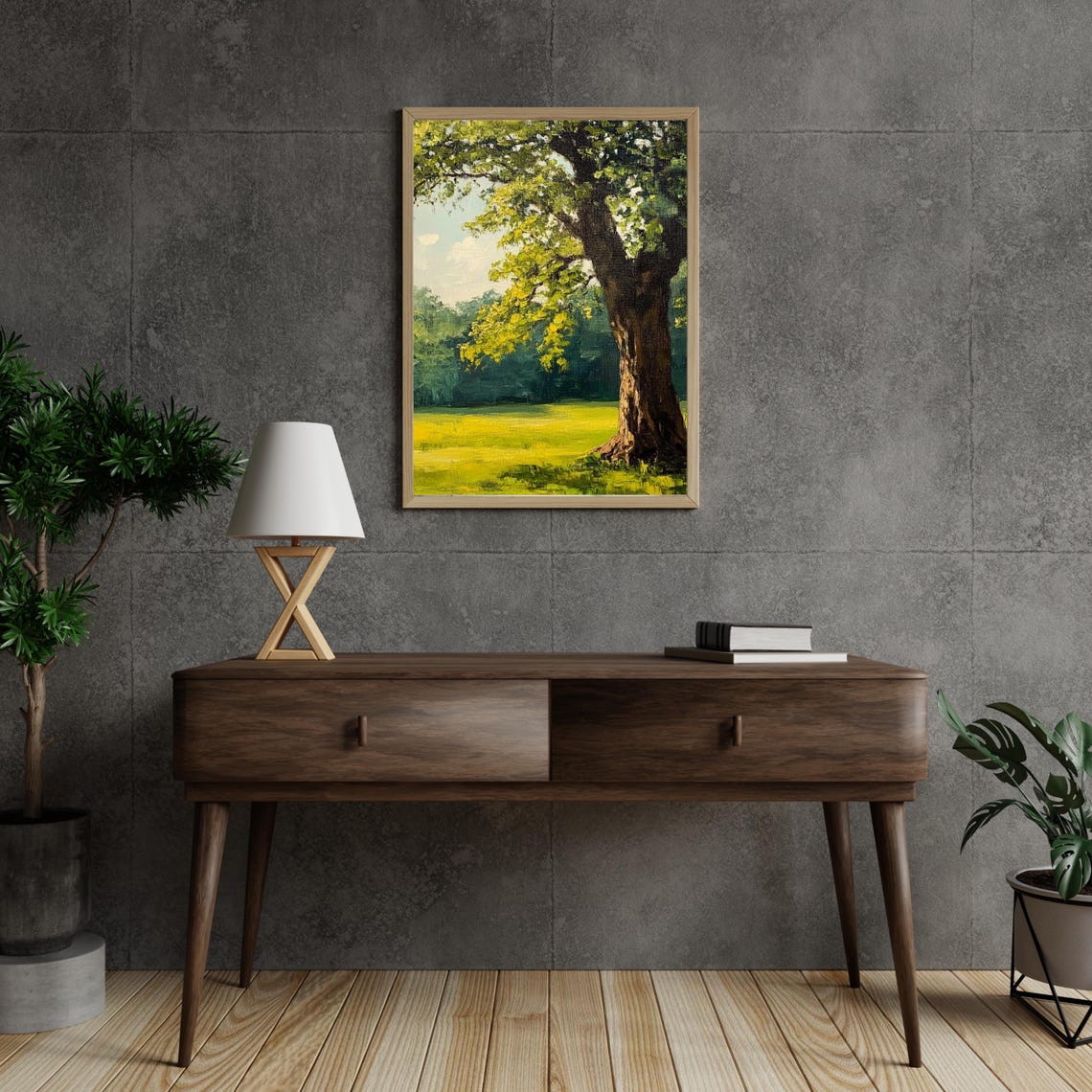 Majestic Oak Tree Sunlit Green Meadow Summer Landscape Poster - Image 2