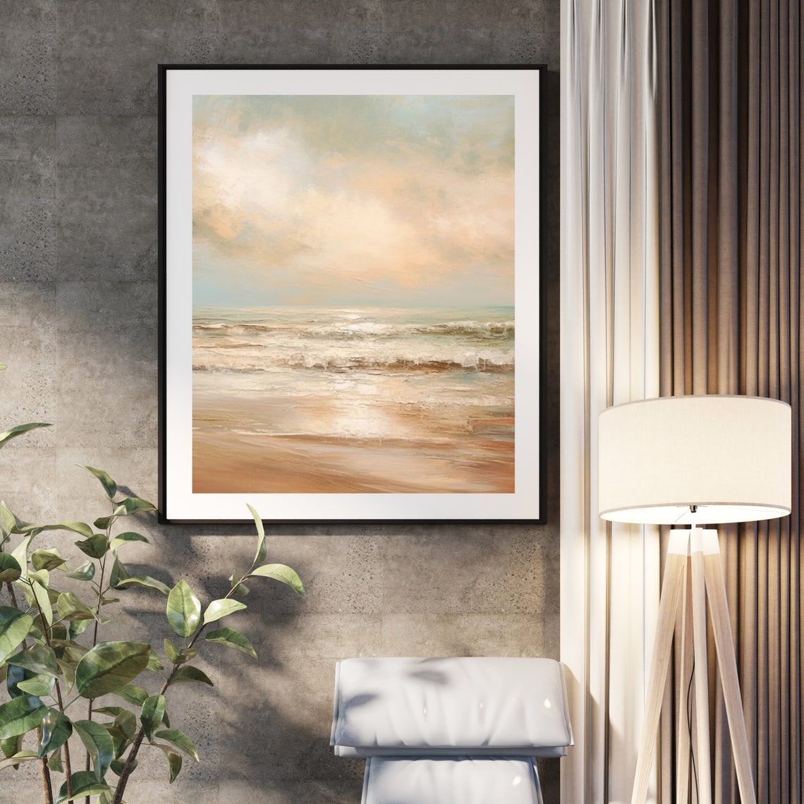 Soft Sandy Beach Waves under Cloudy Sky Coastal Painting Poster - Image 5