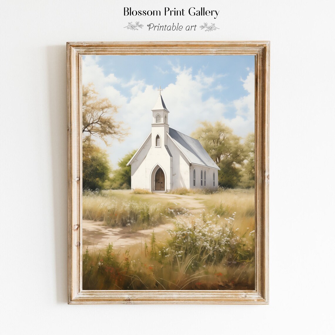 Sunny White Country Church Summer Meadow Wildflowers Art Poster