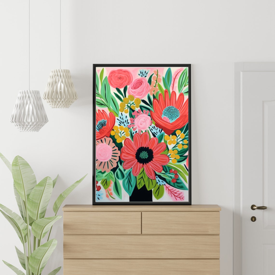 Cheerful Floral Bouquet Illustration with Coral Daisies Wall Art - Image 2