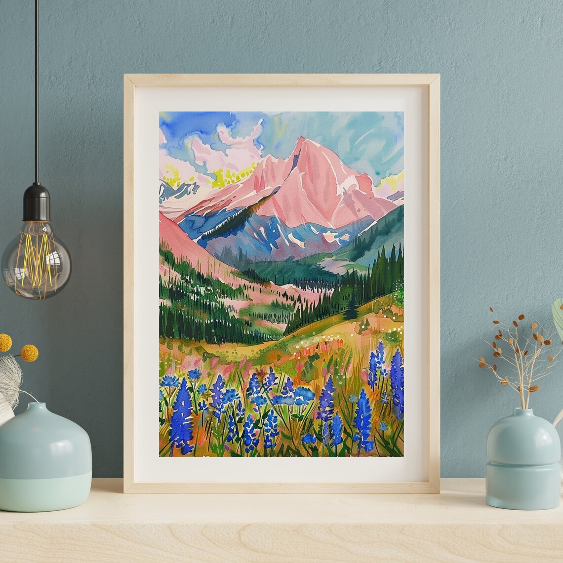 Pink Alpine Peak Above a Blue Lupine Meadow Watercolor Poster - Image 2
