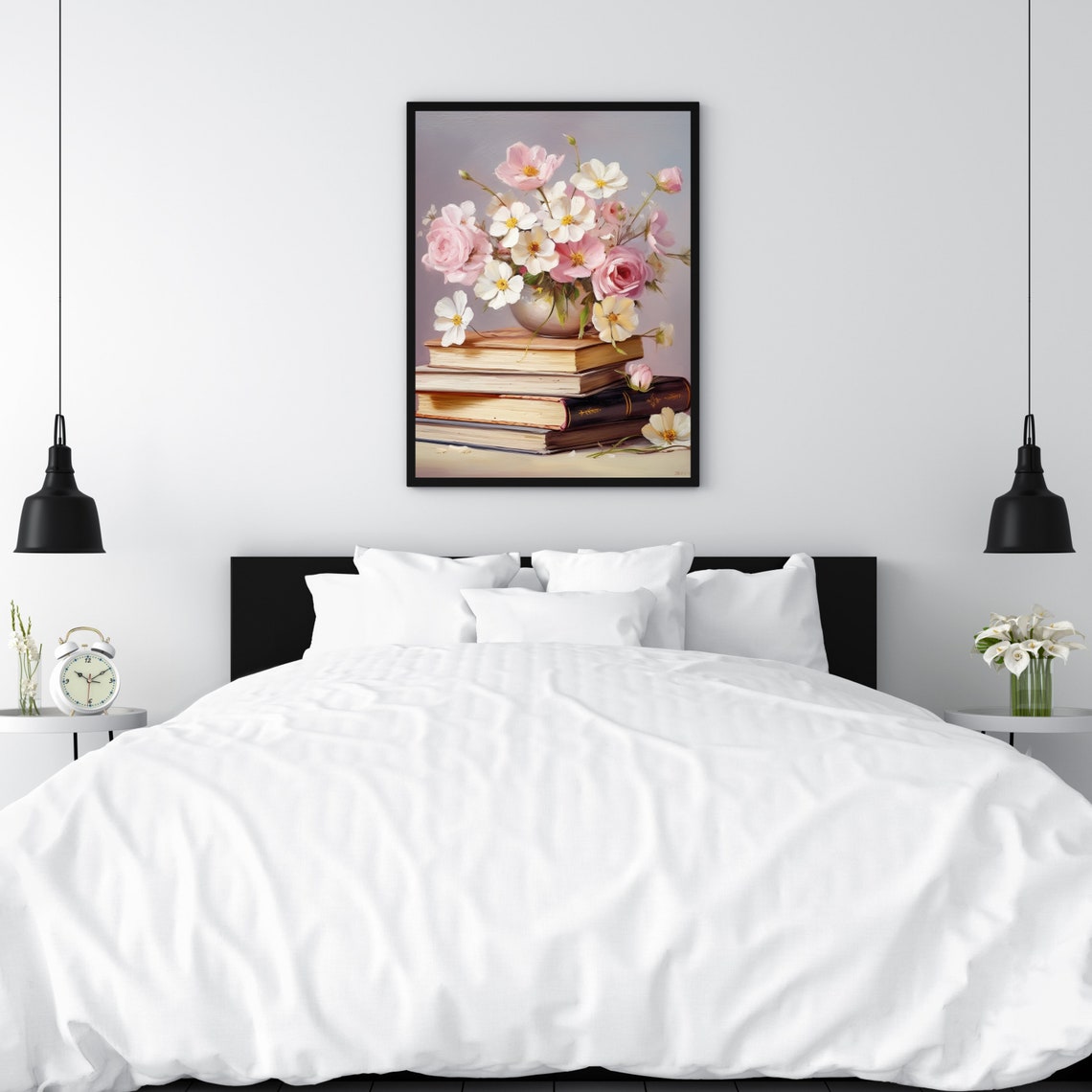 Pink Roses Vase Antique Books Still Life Floral Painting Poster - Image 6