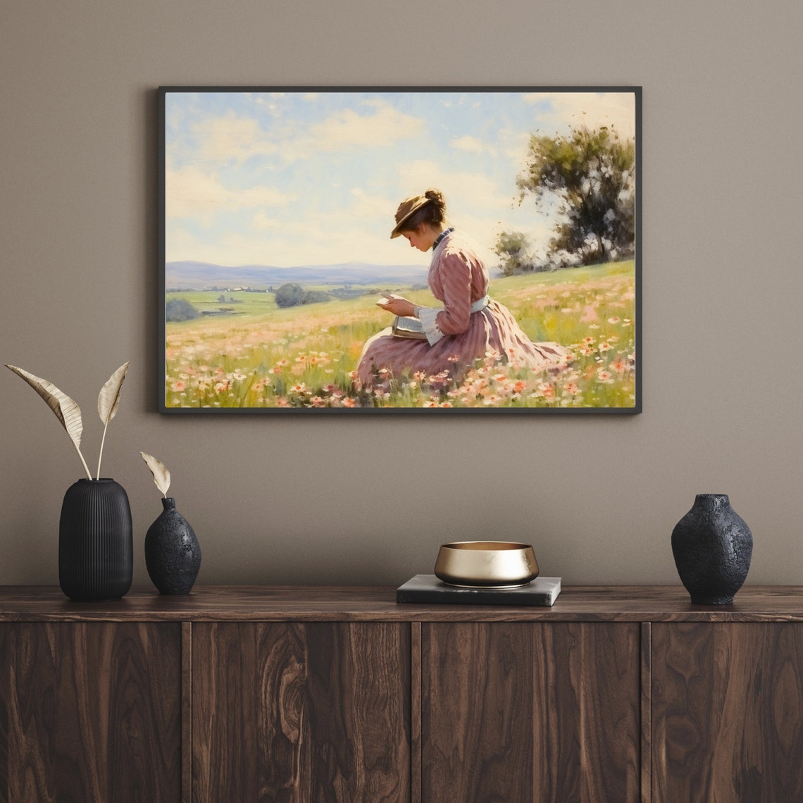 Woman Reading In Pink Wildflower Field Hillside Painting Poster - Image 4