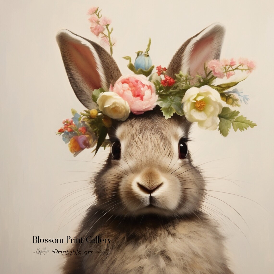 Bunny Rabbit With Floral Crown Cream Nursery Watercolor Portrait Poster - Image 3