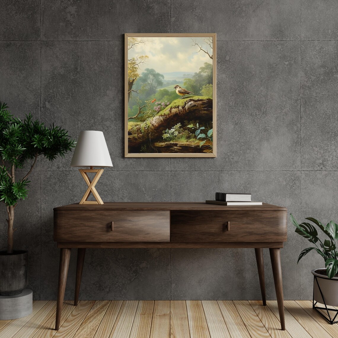 Songbird On Mossy Log Lush Green Forest Valley Painting Poster - Image 6
