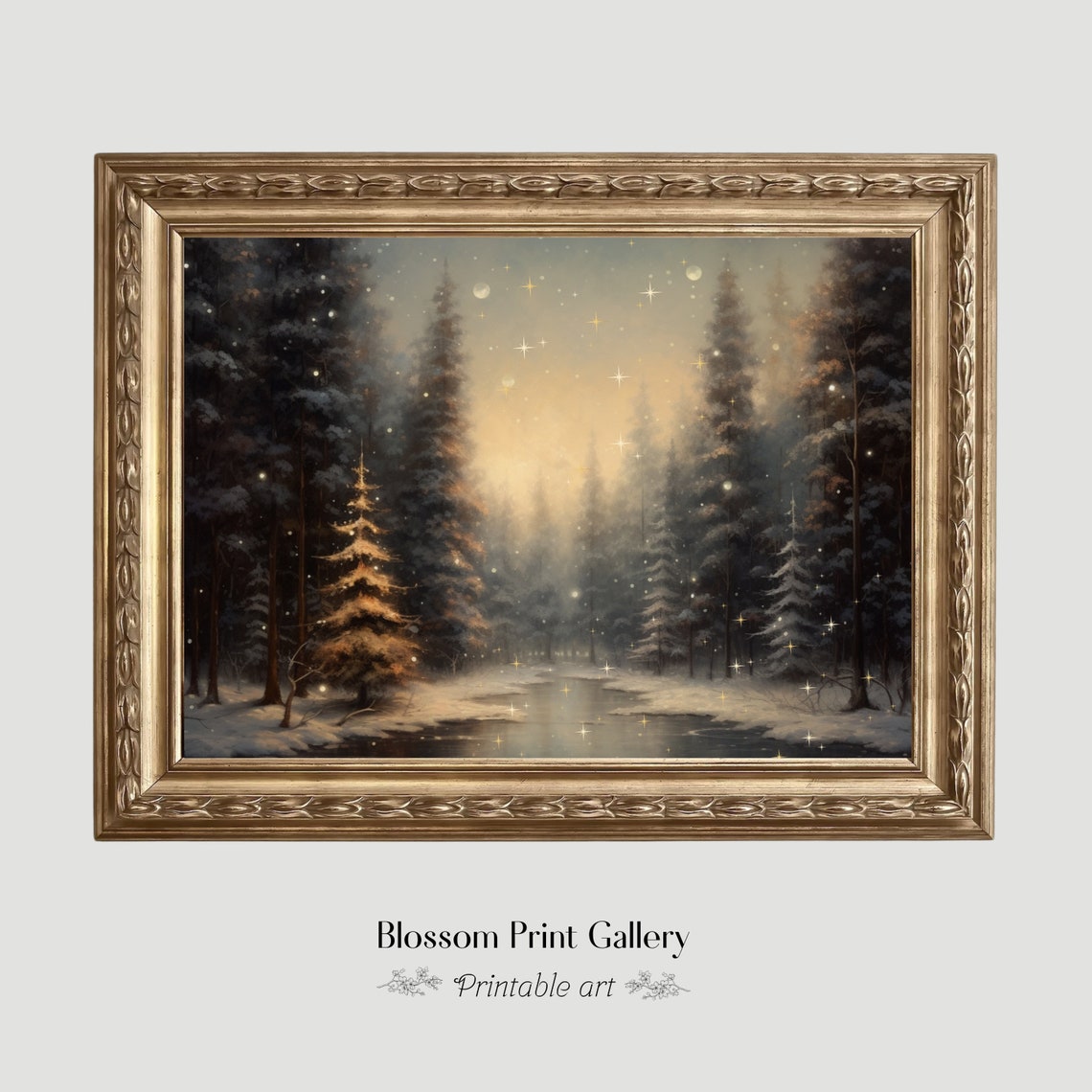 Snowy Pine Forest With Golden Starlight And Pond Winter Poster - Image 6