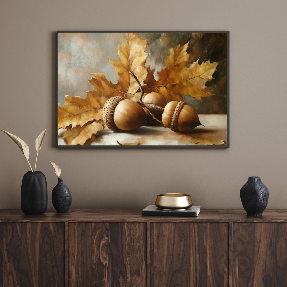 Golden Acorns and Autumn Leaves Still Life Oil Painting Poster - Image 2