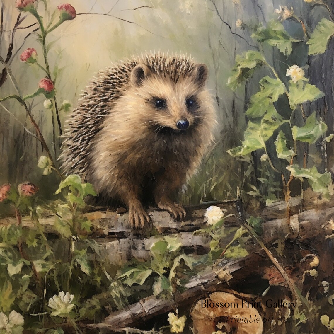 Vintage Hedgehog Painting Woodland Garden Wildflowers Poster - Image 3