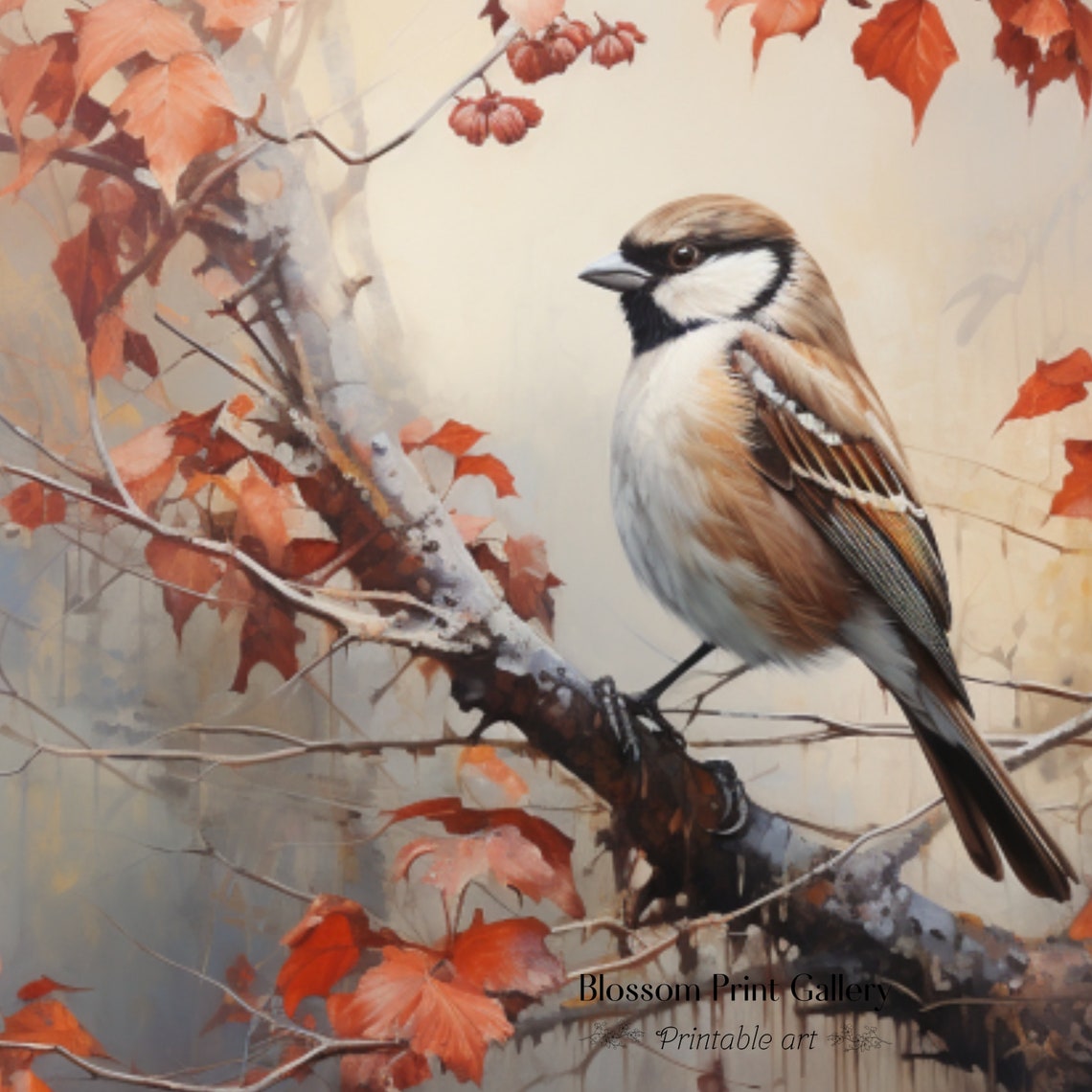 Songbird Perched On Red Autumn Branch Vintage Bird Painting Poster - Image 3