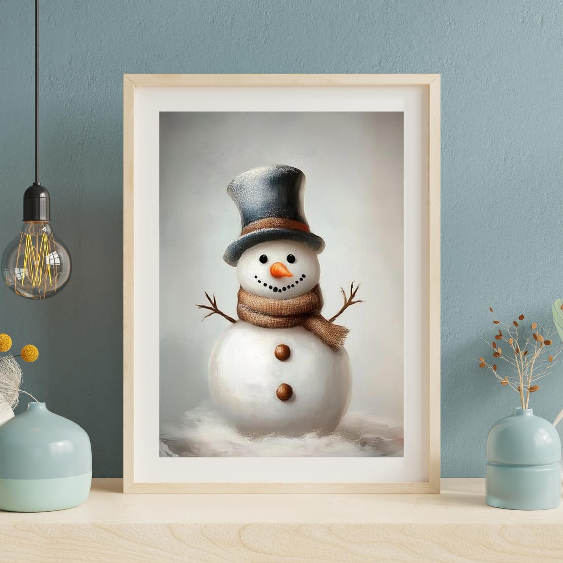 Snowman with Top Hat and Burlap Scarf Winter Painting Poster - Image 2