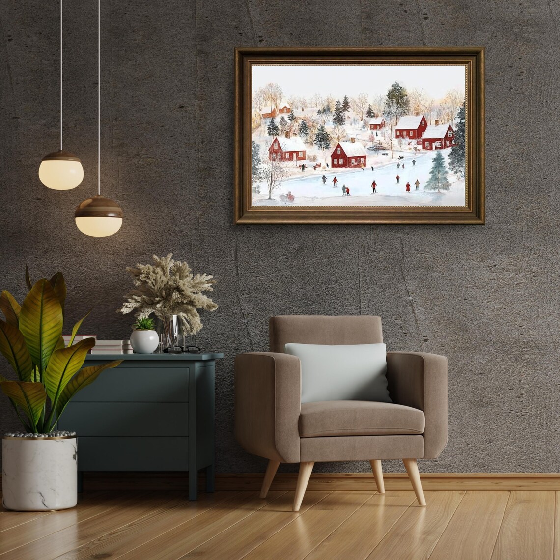 Snowy Christmas Village Red Cottages Ice Skaters Holiday Poster - Image 6