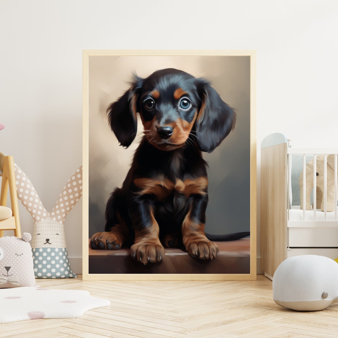 Adorable Black And Tan Dachshund Puppy Dog Oil Portrait Poster - Image 5