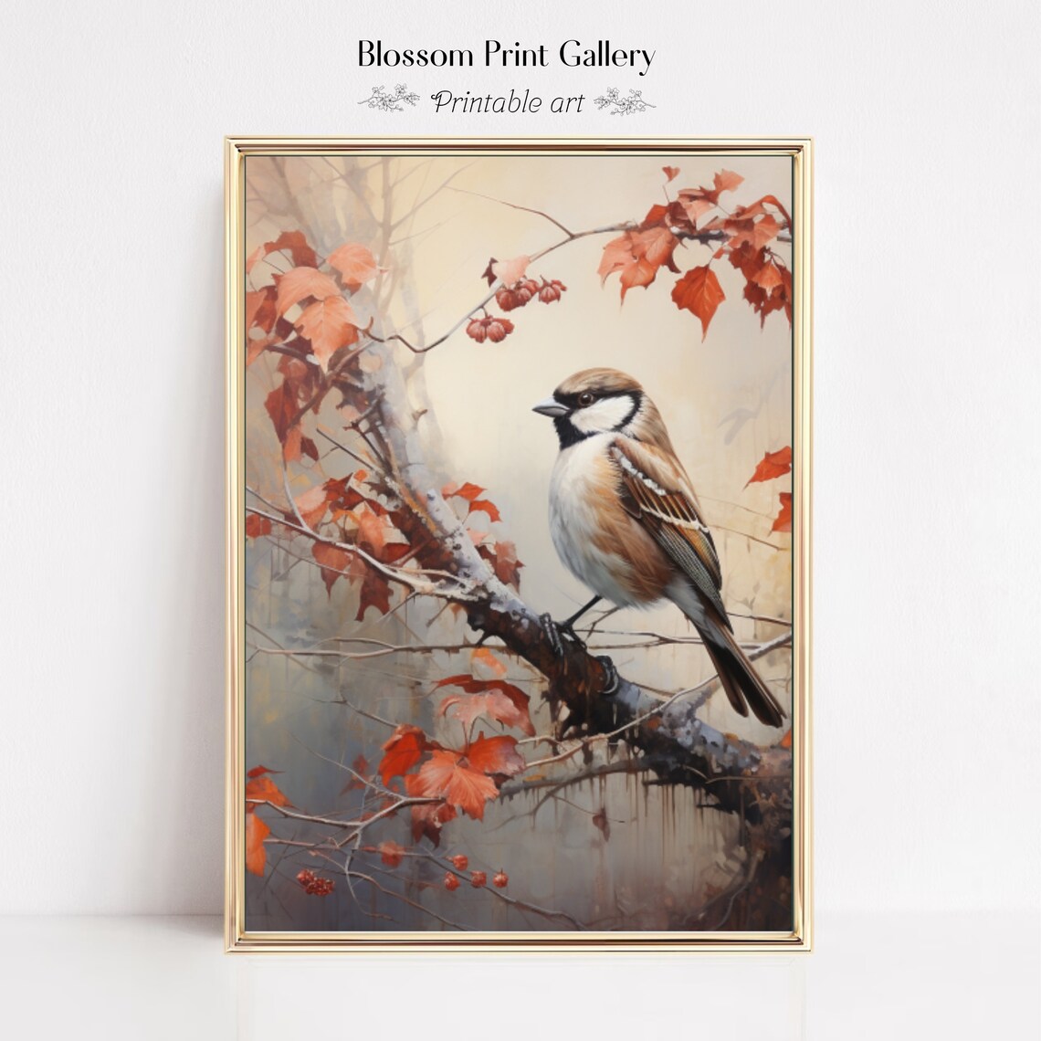 Songbird Perched On Red Autumn Branch Vintage Bird Painting Poster - Image 6