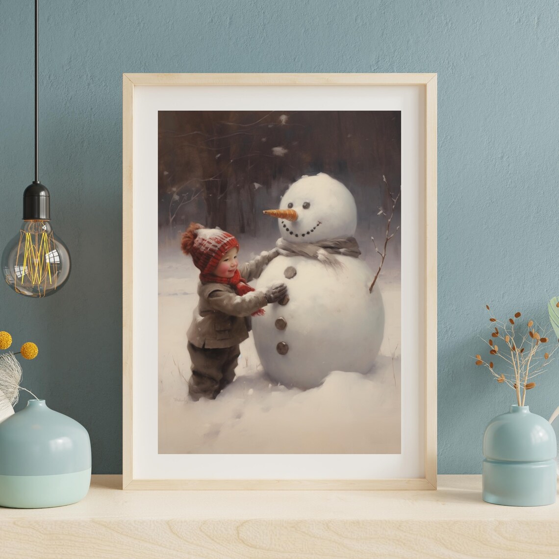Boy Building Snowman Cozy Winter Christmas Vintage Children Art Print - Image 3