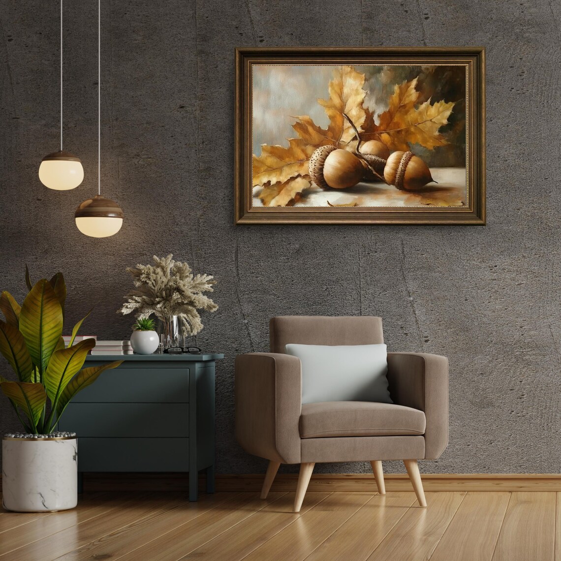 Golden Acorns and Autumn Leaves Still Life Oil Painting Poster - Image 3