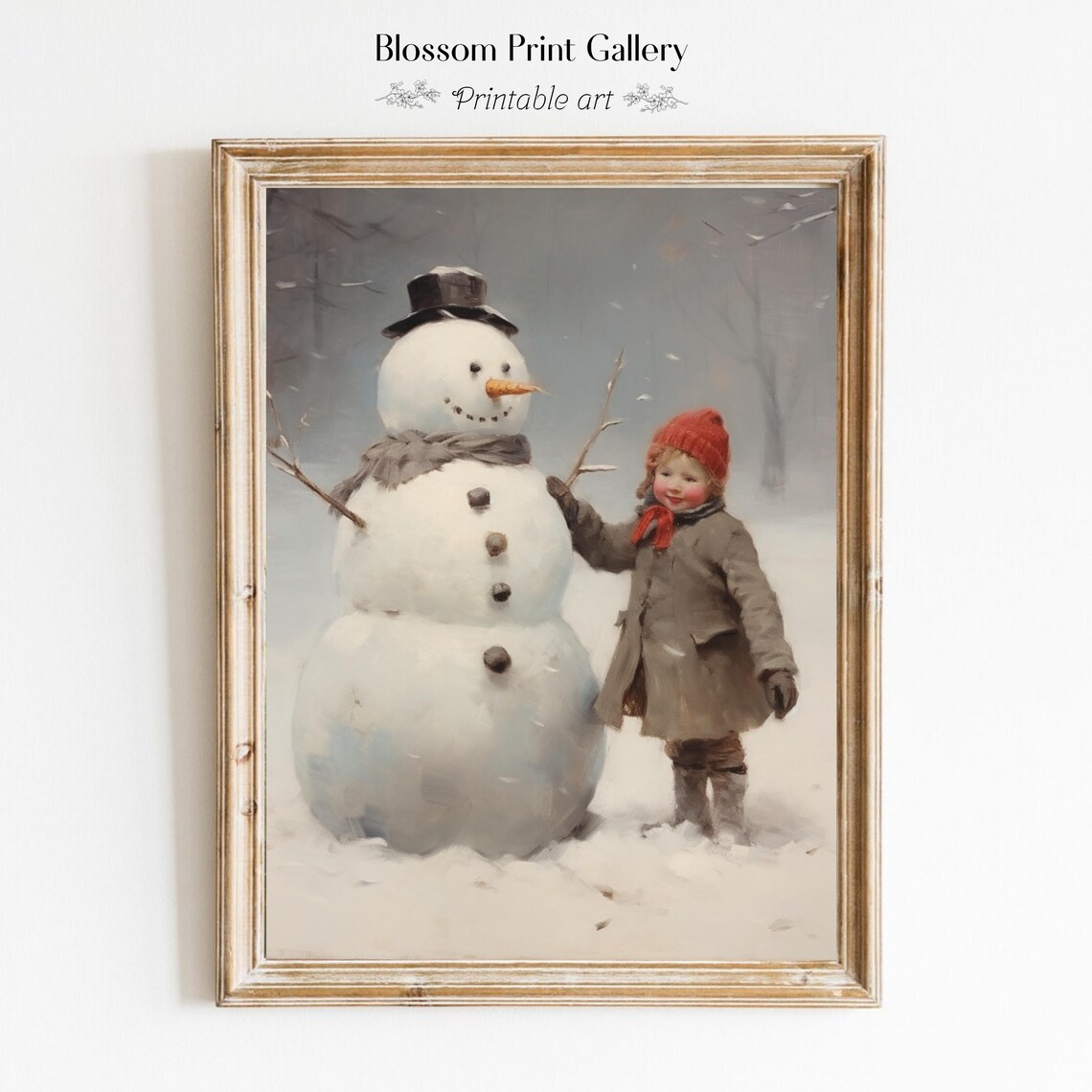 Girl Building Snowman Christmas Print Christmas Snowman Decor Farmhouse Artwork Winter Holiday Vintage Christmas Print 745