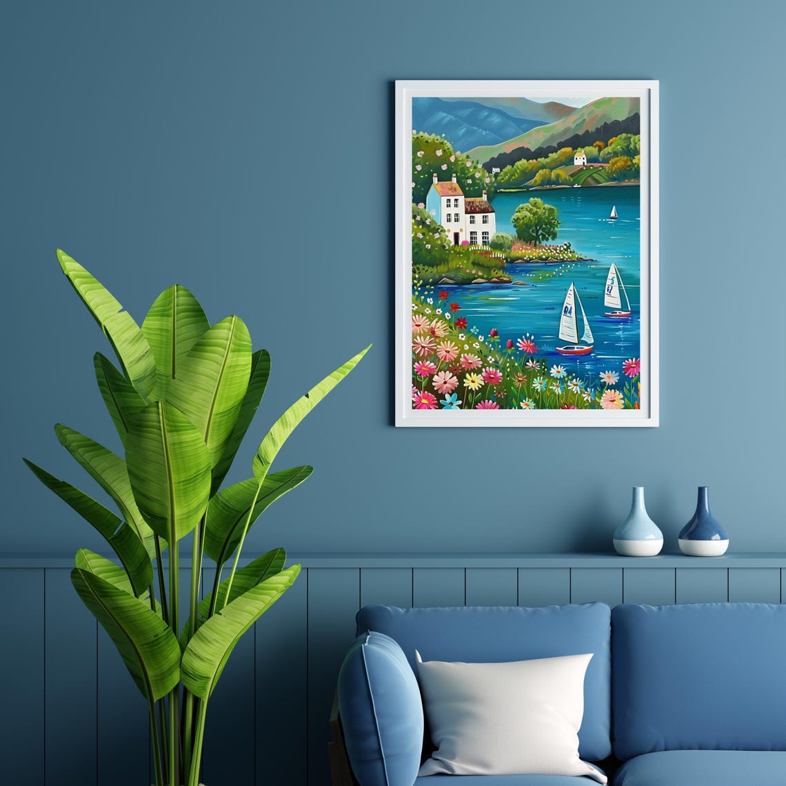 Vivid Coastal Lake Sailboats Folk Art Landscape Summer Poster - Image 6