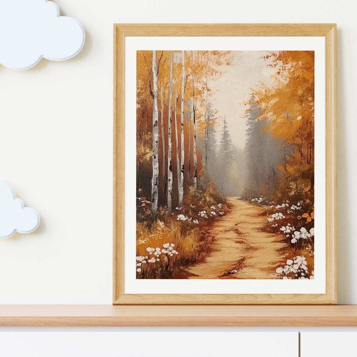 Golden Autumn Path Through Birch Trees With White Wildflowers Print - Image 4