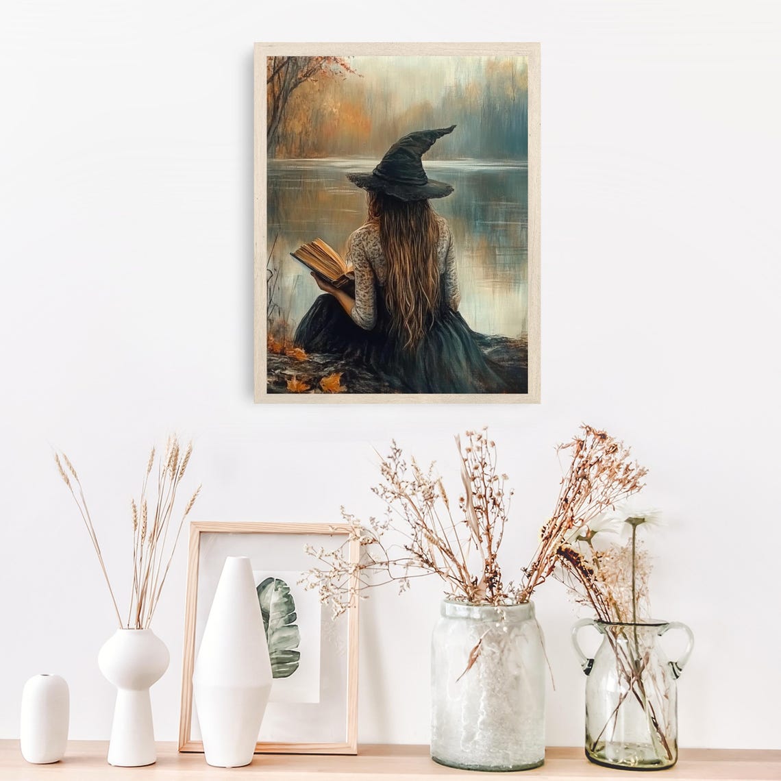 Witch Reading Her Book by Misty Autumn Lake Halloween Poster