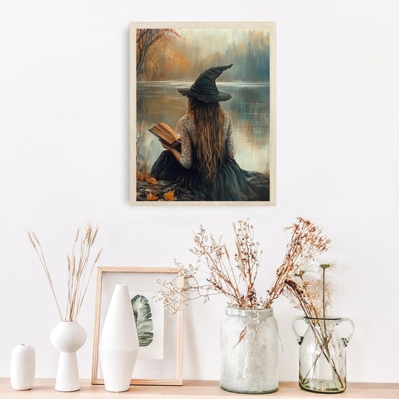 Witch Reading Her Book by Misty Autumn Lake Halloween Poster