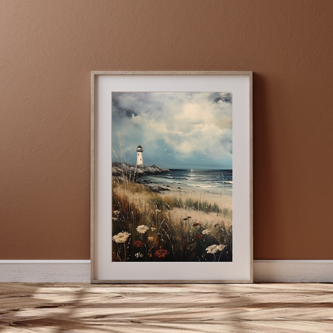 Moody Lighthouse on Rocky Coast Seascape Oil Painting Poster - Image 2